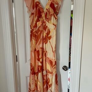 Brown and Orange Plunge Neck Sleeveless Maxi Sundress